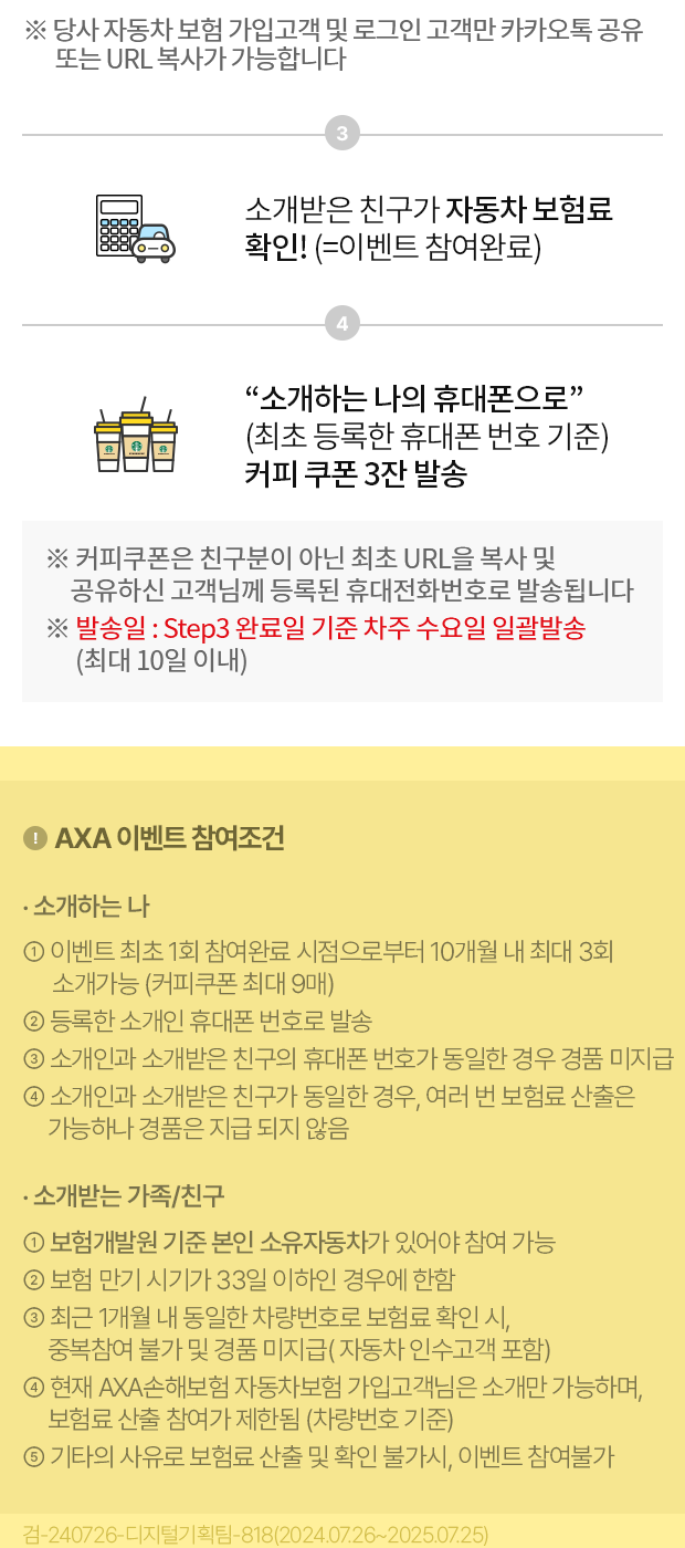 AXA 이벤트 참여조건 -소개하는 나 ① 10개월 내 최대 3회 소개 가능(커피쿠폰 최대 9매) ② 피보험자 본인명의 휴대폰으로 발송 ③ 소개인과 소개받은 친구의 휴대폰번호 동일한 경우 경품 미지급 ④ 소개인과 소개받은 친구가 동일한 경우,  여러 번 보험료 산출은 가능하나 경품은 중복으로 지급 되지 않음/ -소개받는 가족/친구 ① 보험개발원 기준 본인 소유자동차가 있어야 참여 가능 ② 보험시기가 33일 이내인 경우에 한함 ③ 현재 AXA손해보험 자동차보험 가입고객님은 소개만 가능하며, 보험료 산출 참여가 제한됨